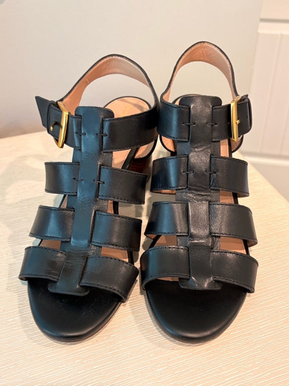 Cole Haan Black Leather Multi-Strap Sandals with Gold Buckle